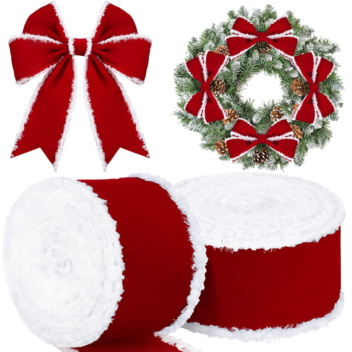 Syhood 2 Rolls Christmas Velvet Decorative Ribbons Rolls Craft DIY Fabric Cloth Wire Edge Ribbons for Craft Christmas Holiday Decoration(2.5 Inch x 50 Yard,Red)