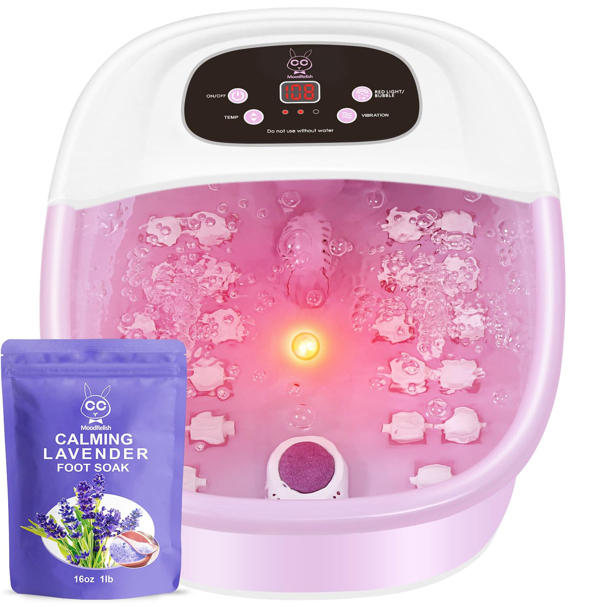 Foot Spa Bath Massager with Heat Bubbles and Vibration Massage and Jets, 16 OZ Calming Lavender Foot Soak Epsom Salt, Foot Soaker with Red Light, 22 Massage Rollers, Adjustable Temp - Pink