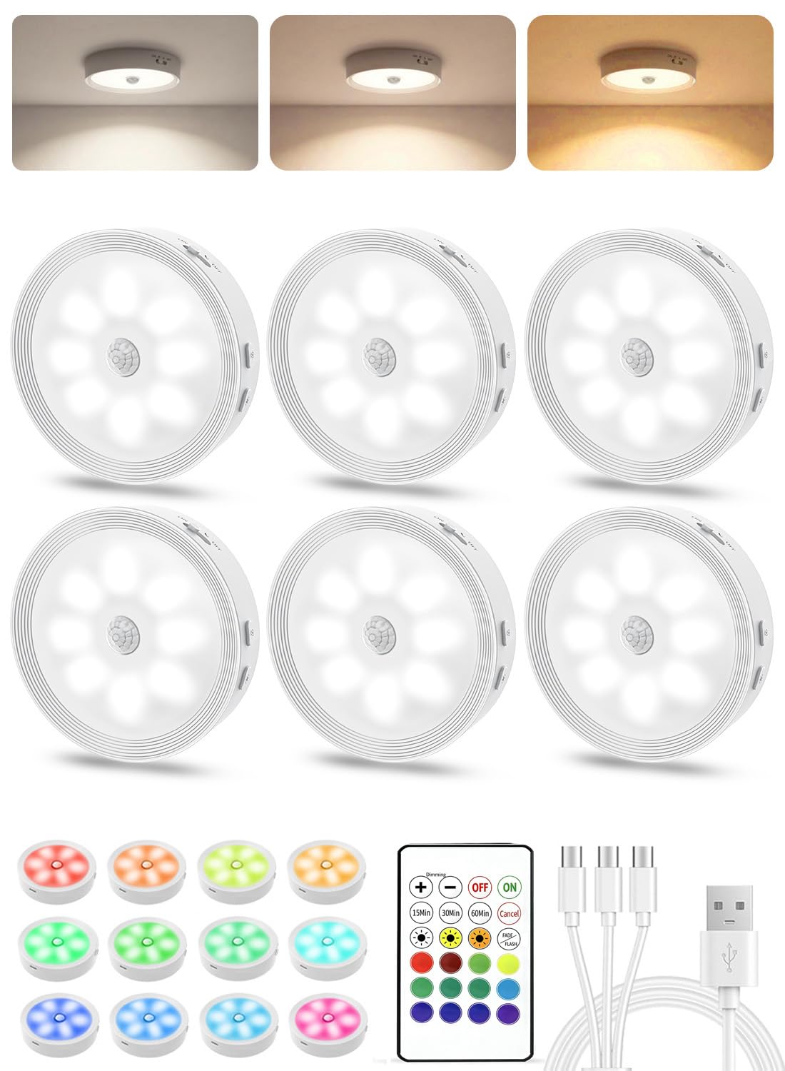 Under Cabinet Lighting, LED Puck Lights with Remote, Rechargeable Motion Sensor Lights Indoor, Dimmable Stick On Lights 3 Color Temps & 12 RGB Under Counter Lights for Kitchen, Closet White 6 Pack
