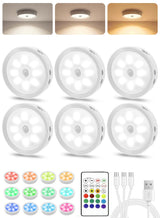 Under Cabinet Lighting, LED Puck Lights with Remote, Rechargeable Motion Sensor Lights Indoor, Dimmable Stick On Lights 3 Color Temps & 12 RGB Under Counter Lights for Kitchen, Closet White 6 Pack