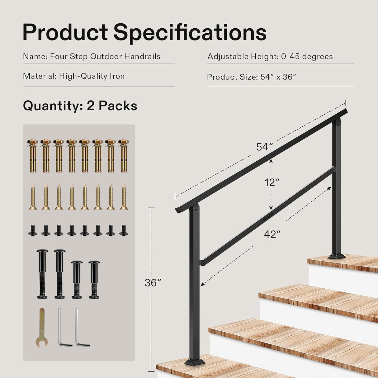 VIVOSUN 2-Pack Outdoor Handrail, 4 Step Stair Handrail, 54" x 36" Fits 1 to 4 Steps, Wrought Mattle Iron Handrail for Concrete Steps, Porch Steps, One-Step Assembly, 2 Packs, Black