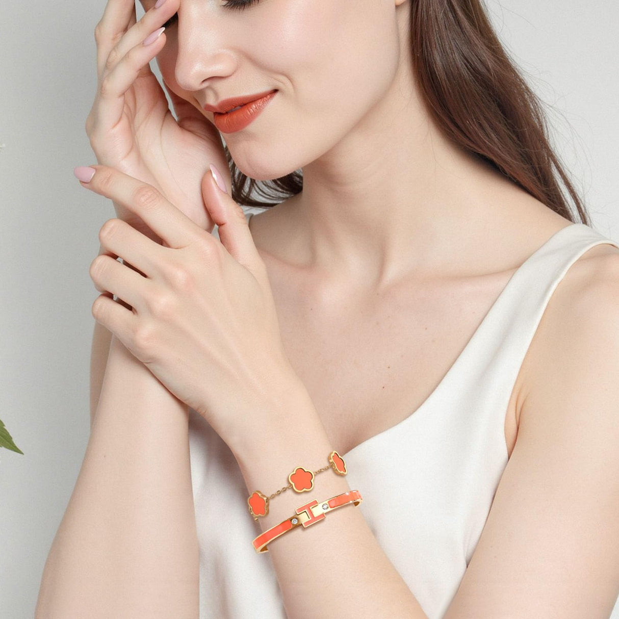fekang Gold H Bangle & Clover Bracelet for Women -Orange bracelet Set