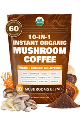 10-in-1 USDA Certified Organic Mushroom Coffee Instant, Instant Mushroom Coffee Brazilian Dark Roast for Better Energy, Focus, Gut Health, 60 Servings Regular Caffeine - ShroomDNA