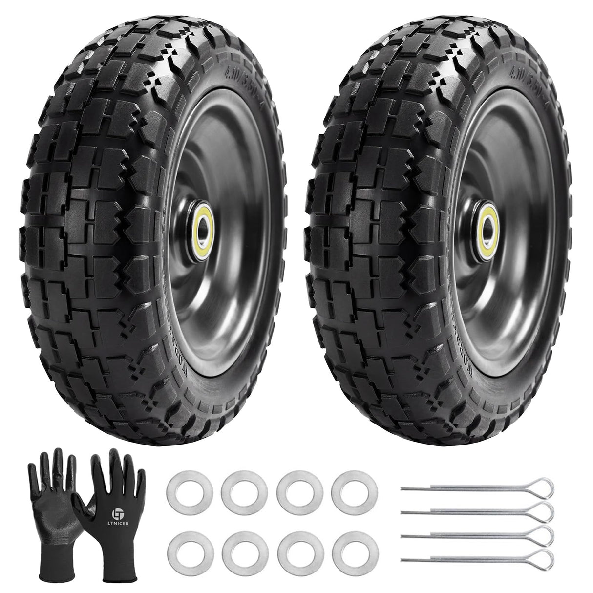 LTNICER 10" Flat Free Replacement Wheels for Gorilla Carts (2-Pack), 4.10/3.50-4 Solid Tires with 5/8" Axle Bore & 2.1" Offset Hub, Heavy Duty No-Flat Wheels for Garden Carts, Hand Trucks & Wagons