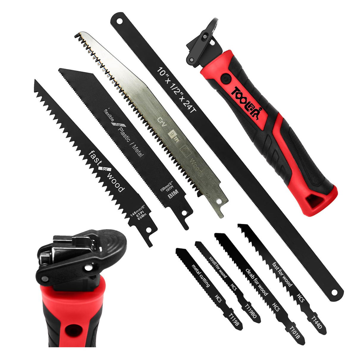 8-In-1 Multi Blades Hand Saw, Drywall Cutter. Hacksaw. Long Blade, Jab Saw, For Cutting Drywall, Sheetrock, Wood, Metel, Plastic, Plywood. Blade Quick Change Mechanism. Red Handle.