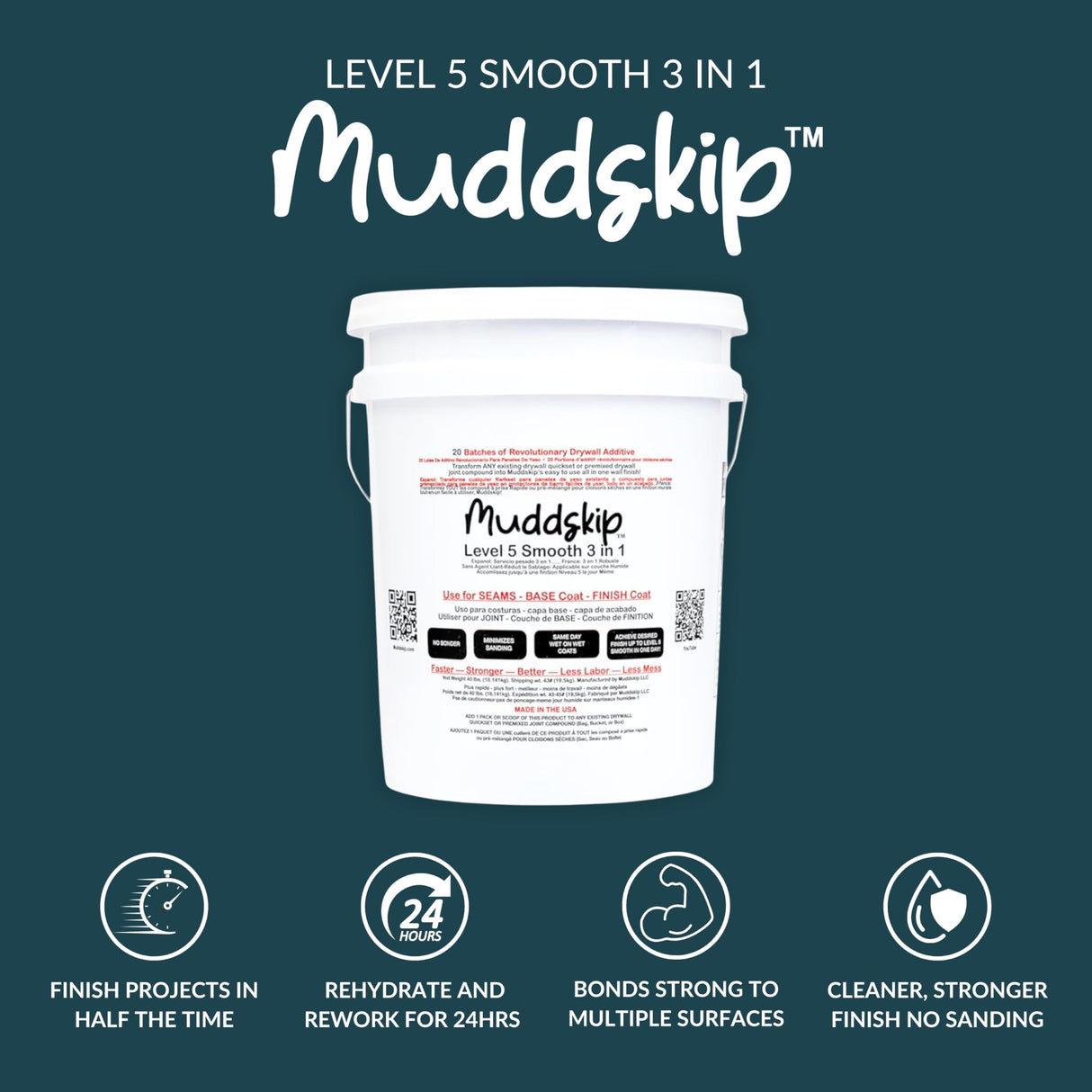 MuddSkip Smooth Drywall Additive Powder, 40 lbs in 5-Gallon Bucket | Level 5+ Finish, No Sanding Required, Same-Day Wet-on-Wet Coats | Made in USA