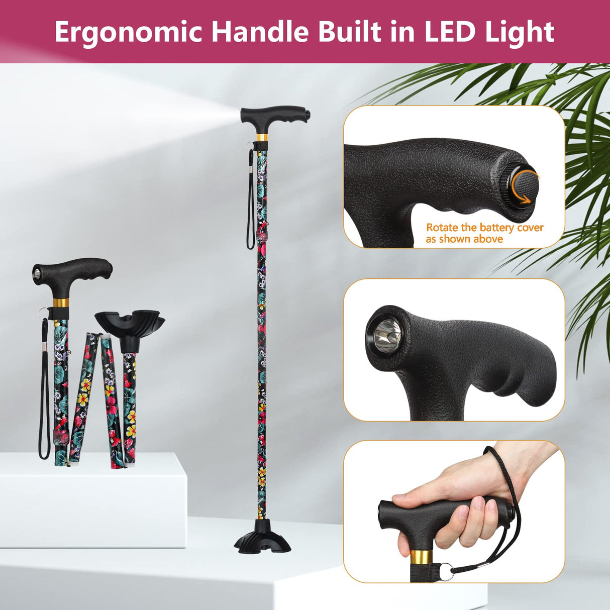 JUNRA Walking Cane for Women with LED Light, Folding Cane for Men/Seniors, Quad Cane with Stable Base, Lightweight and Adjustable Walking Stick for Women(Red Flowers)