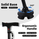 Folding Cane With Led Light And Alarm, With Side Handle, Folding, Adjustable Cane Suitable For Arthritis Disabled And Elderly, Cane With Cushioned T Handle And Swivel Four Pedestal, WalkingCanes,Black