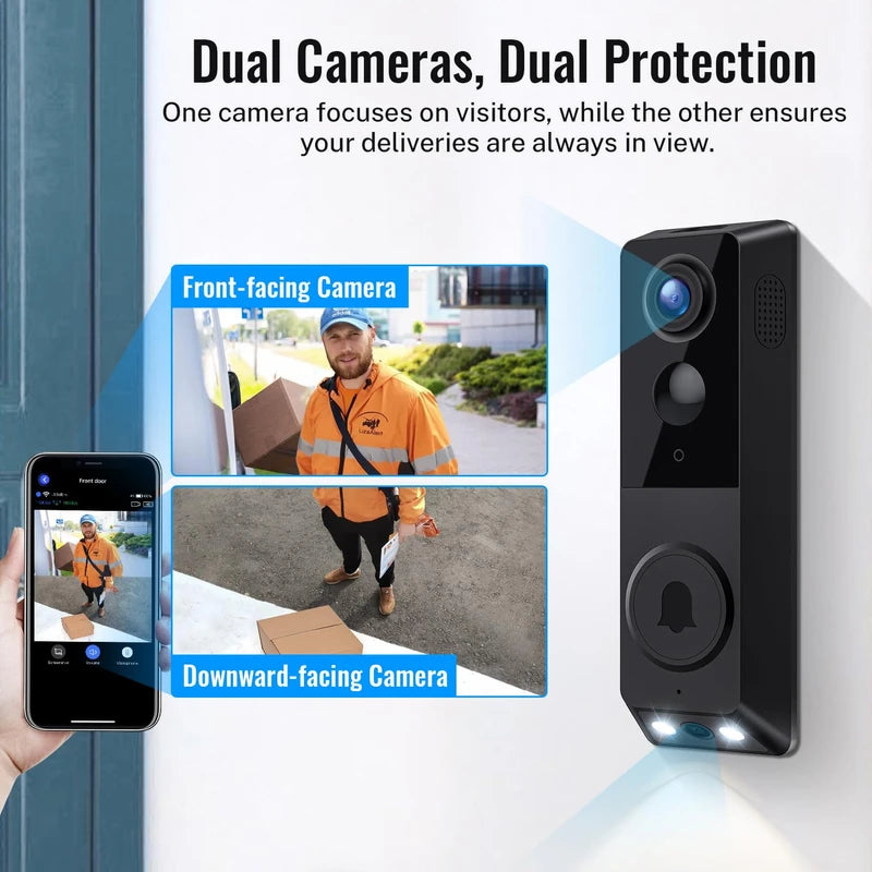FISHBOT Security Video Doorbell, Dual Cameras with Delivery Guard, 1080p Full HD and Color Night Vision, Intelligent AI Detection, Two-Way Audio, 2.4GHz Wi-Fi Support, Cloud Storage (Sold seperately)
