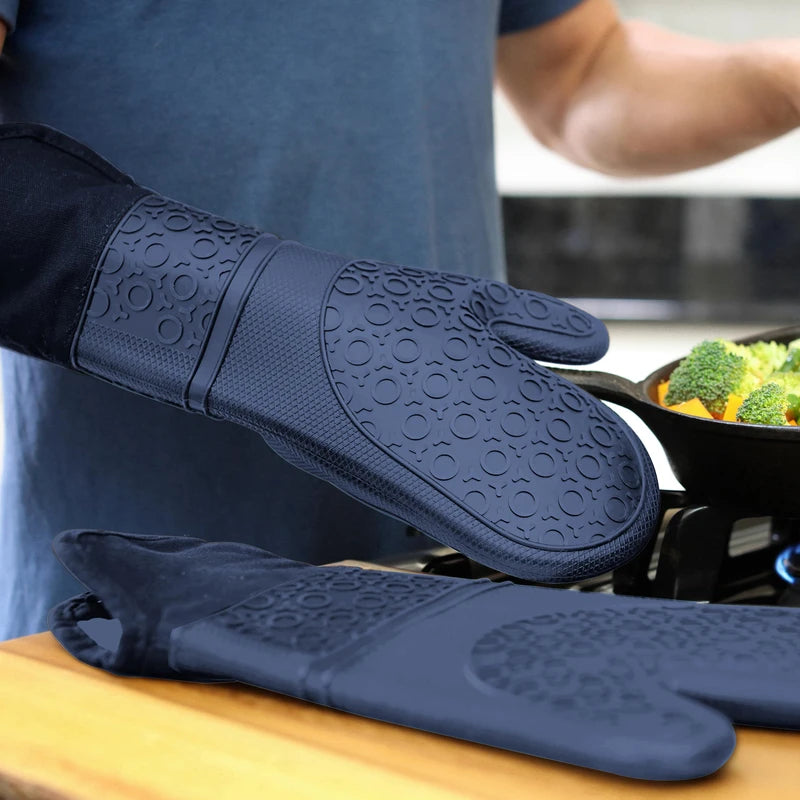 HOMWE Extra Long Professional Silicone Oven Mitt, Oven Mitts with Quilted Liner, Heat Resistant Pot Holders, Flexible Oven Gloves, Navy Blue, 1 Pair, 14.7 Inch