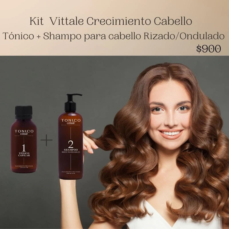 Tonico Vittale Kit 2 Paquete Tónico Y Shampoo Para Cabello Rizado| Unisex | Paso 1 y 2 | Crecimiento Y Fortalecimiento Capilar | Brillo Y Reconstrucción | Control del Frizz | 100% Ingredientes Naturales