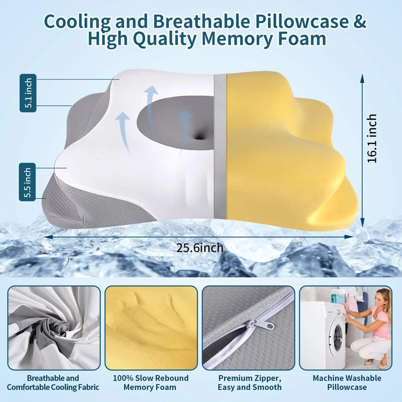 Cervical Neck Pillow - Memory Foam Pillows for Neck Pain Relief, Ergonomic Contour Side Sleeper Pillow for Sleeping, Orthopedic Neck Bed Pillow for Back & Stomach Sleepers with Pillowcase | HAMYODO