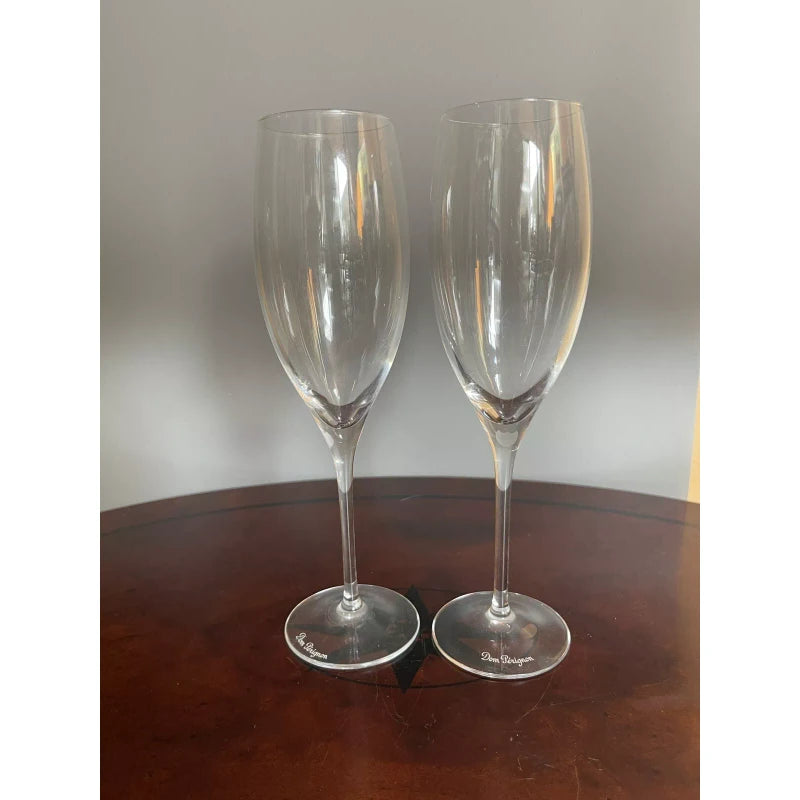 Dom Perignon Signed DOM PERIGNON Crystal Etched SHIELD LOGO 9 1/8" CHAMPAGNE FLUTES Set Of 2