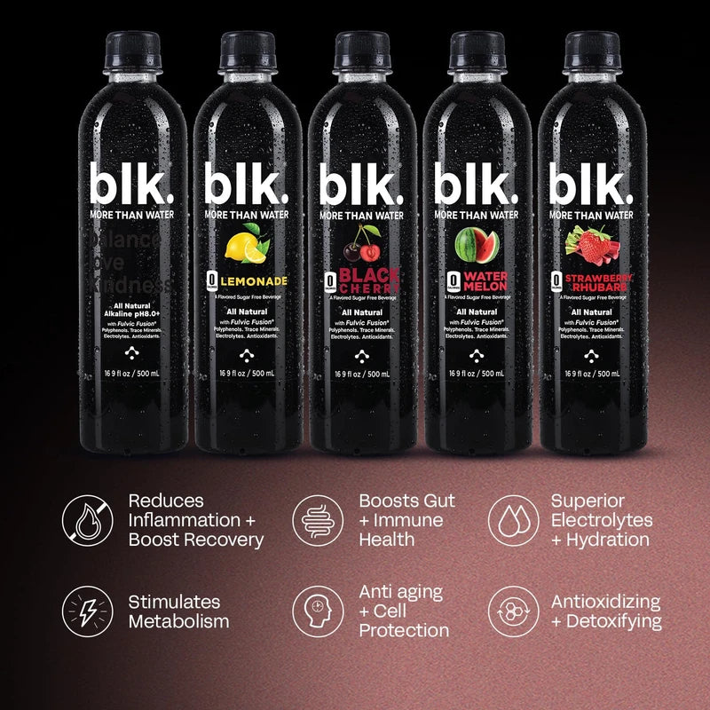 blk. Natural Alkaline Mineral Water Electrolyte Infused with Fulvic and Amino Acids, Zero Sugar Drink, Strawberry Rhubarb Flavored, 1 Liter, Pack of 12