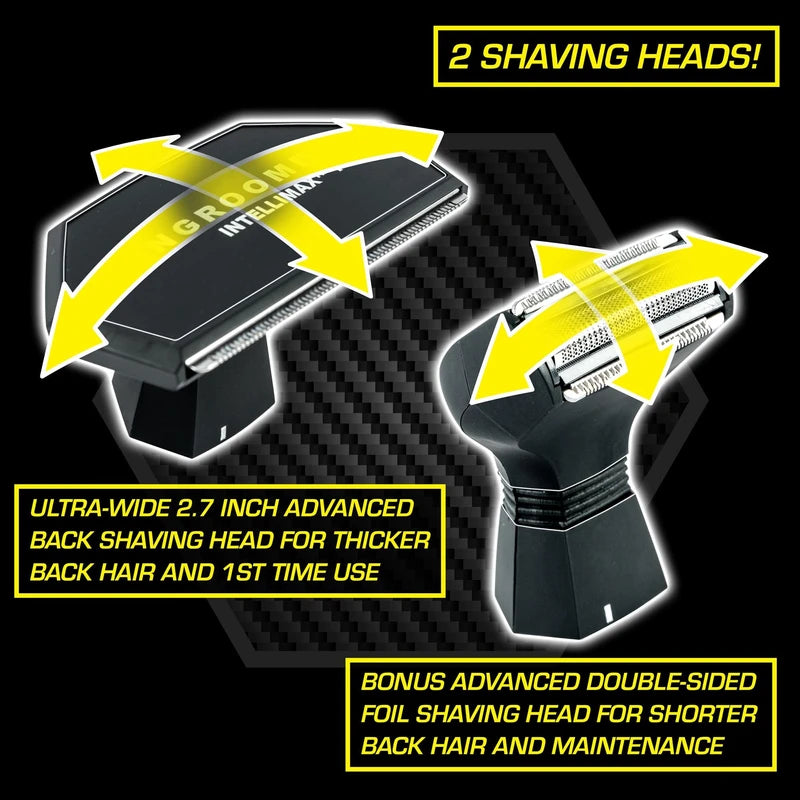 MANGROOMER - INTELLIMAX PRO - New Back Shaver with 2 Shock Absorber Flex Heads, Power Hinge, Extreme Reach Handle and Advanced 2.7" Extra-Wide Blade Design 2.0