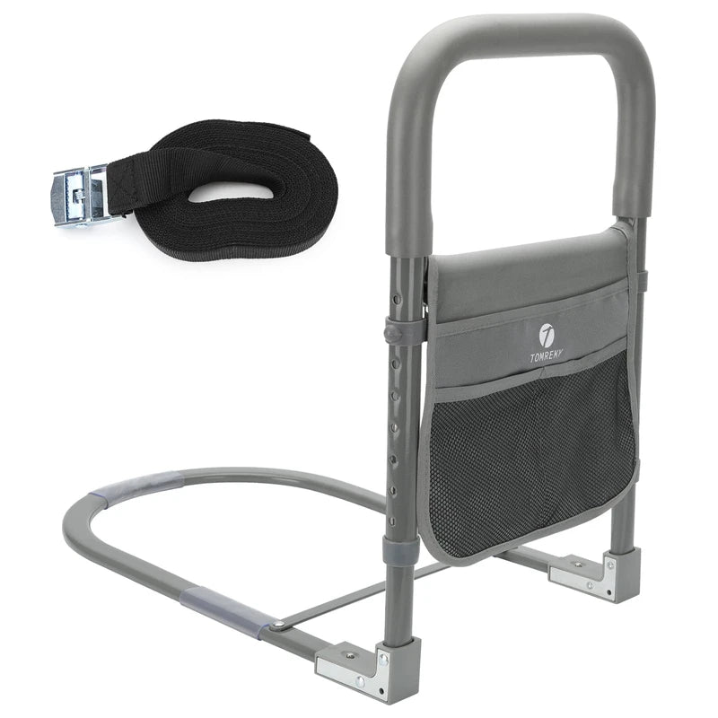 Bed Rails for Elderly Adults Assist Safety for Seniors Hand Bar Grab with Storage Pocket Patent Stabilizer with Fixing Strap, Support Up to 300lbs Grey