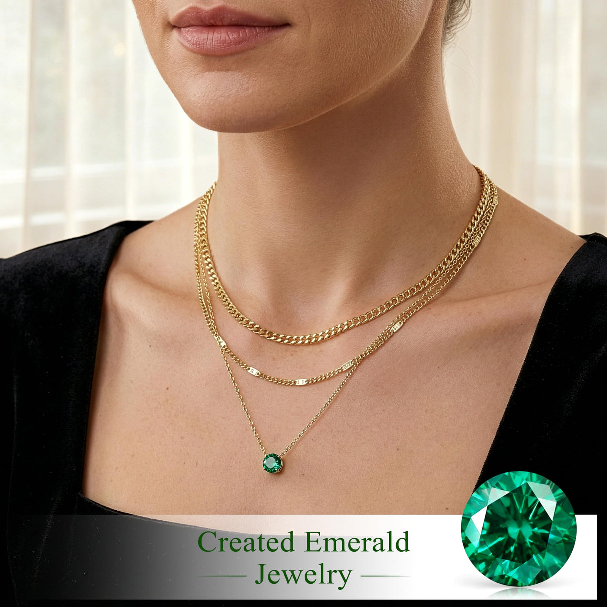 WomenGifts May Created Emerald (Deep Green) Layered Necklace Set, 14K Gold Plated Birthstone Pendant with Choker Cuban Link & Satellite Chain, Personalized Jewelry Gift