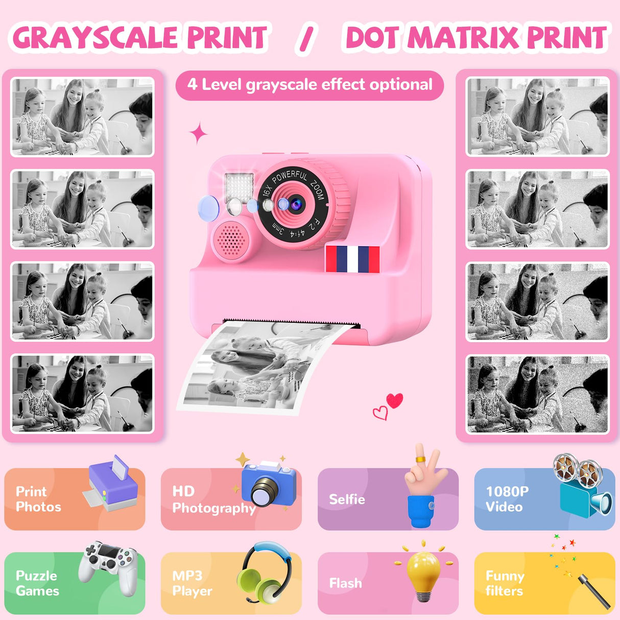 Yosfeng Instant Print Camera for Kids - Christmas Birthday Girls Gifts for Age 3 4 5 6 7 8 9 10 Year Old, 2.4 Inch Screen Kids Instant Camera, Kid Digital Video Cameras Toys with 32 GB SD Card