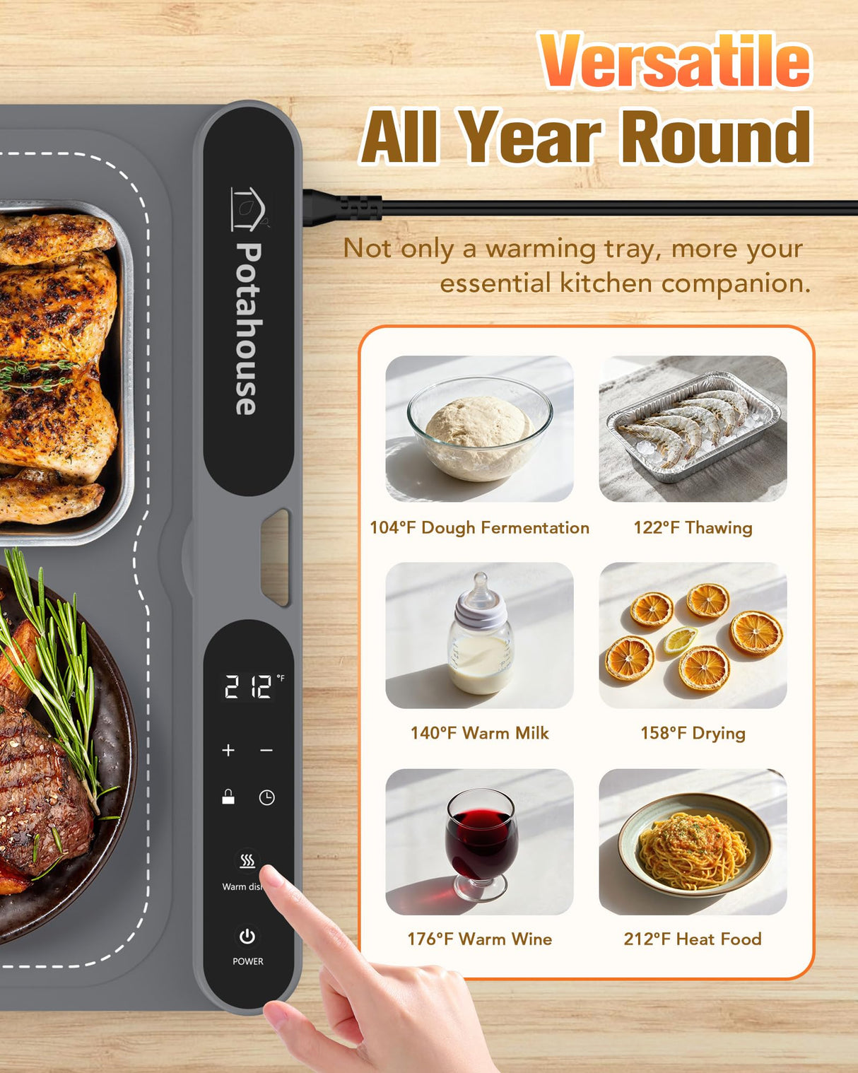 Potahouse® Food Warming Mat Extra Large 31"x15" 430W,Electric Warming Tray with 7 Temp 8 Timer Settings,Rollable & Portable Food Warmer for Parties,Buffet,Home and Travel Use