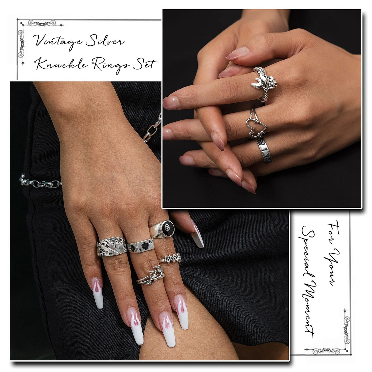 IFKM PCS Vintage Silver Knuckle Rings Set for Women Teen Girl, Stackable Joint Finger Statement Rings Bohemian Retro Hollow Carved Midi Rings, Steel, No Gemstone