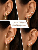 M MOOHAM Flat Back Earring Stacks for Women, Hypoallergenic 14k Real Gold Plated Hoop Stud Cartilage Earrings Stack Set Small Cute Helix Huggie Hoop Drop Earrings Trendy Jewelry Gifts for Women