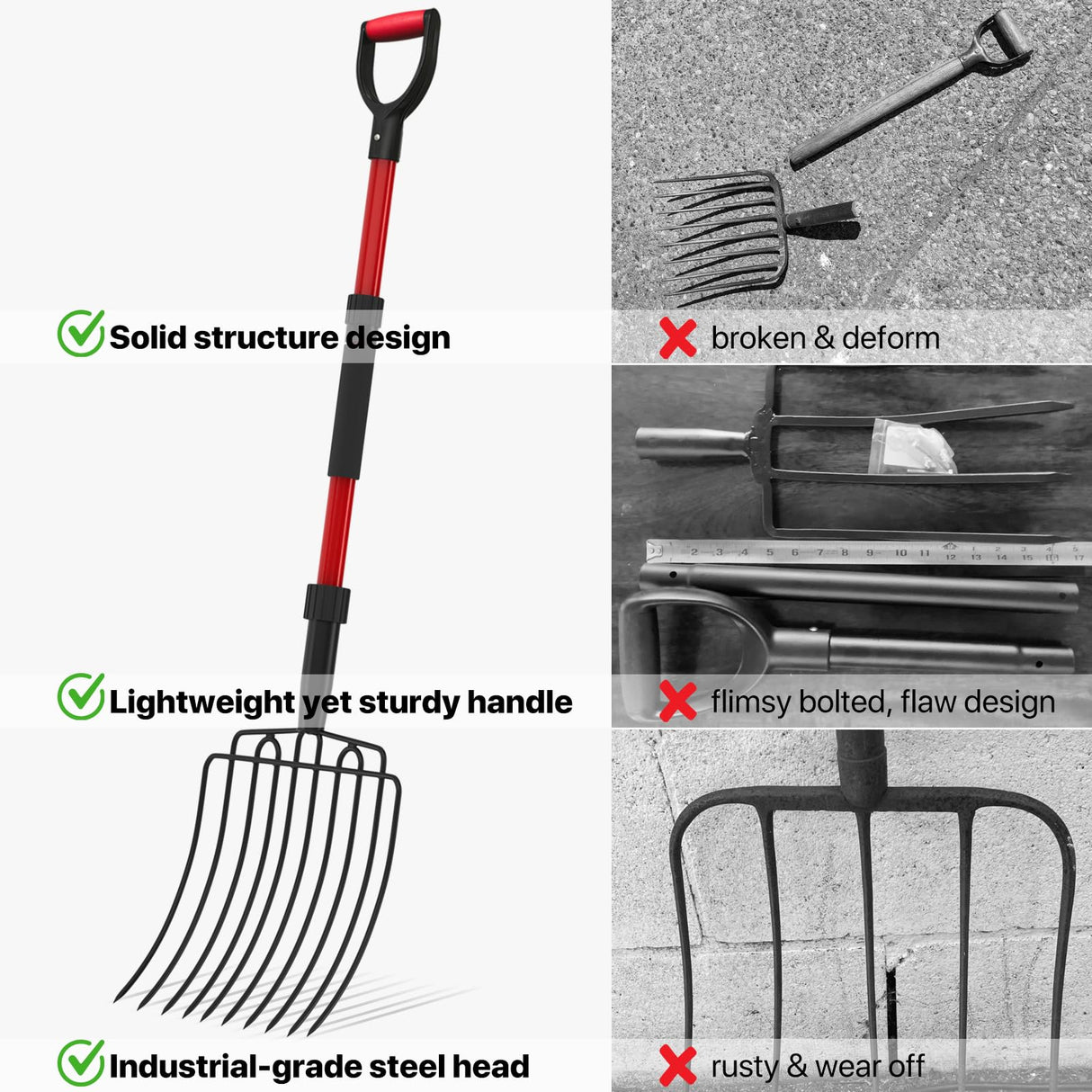 COSITA Pitch Fork for Garden, Wide Pitchfork with 10 Metal Tines, Heavy Duty Garden Fork with Fiberglass Handle 44-Inches, Chicken Coop Pitchforks for Manure, Mulching, Composting, Red