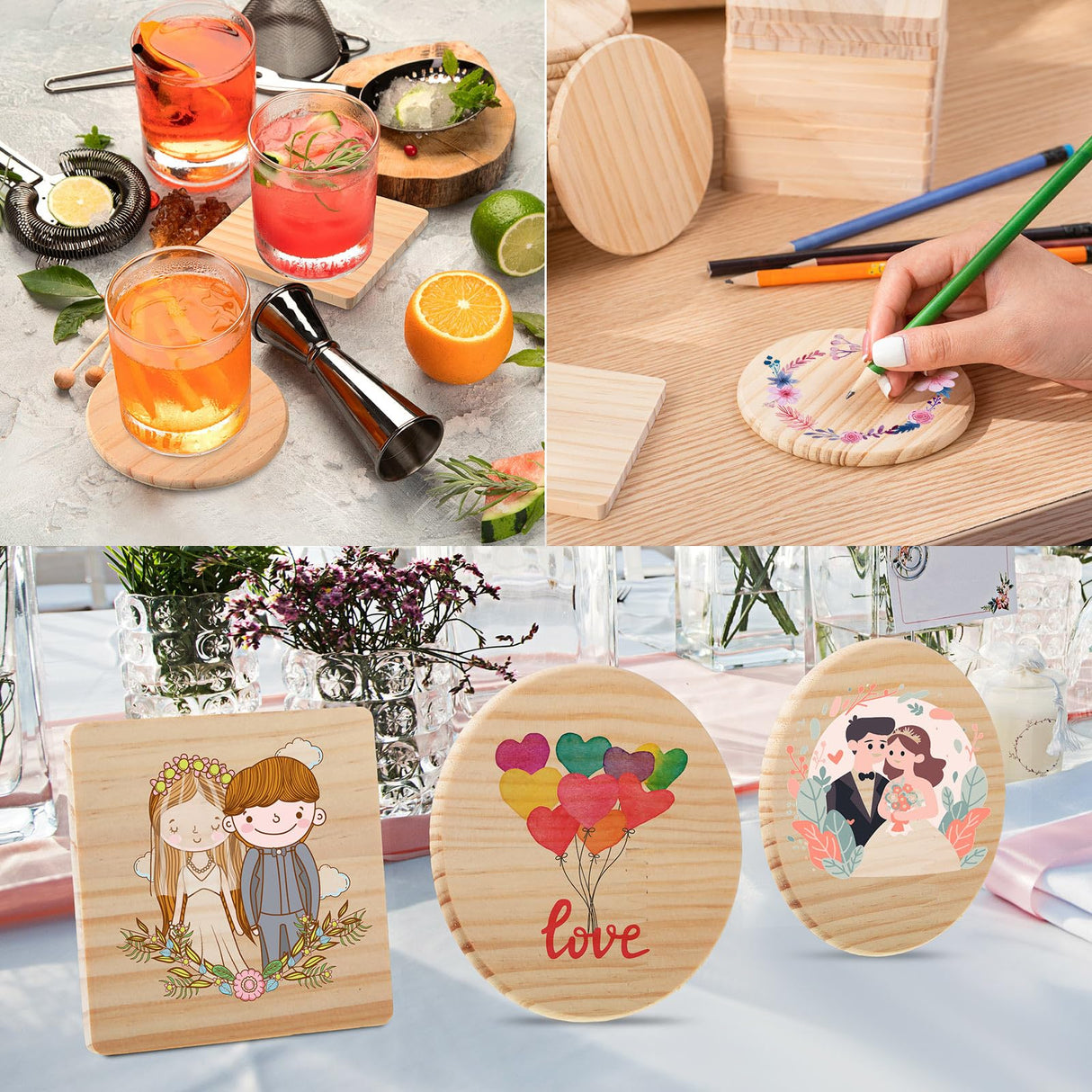 Hushee 96 Pcs Unfinished Wood Coasters 4 Inch Blank Wooden Coasters for Crafts with Non Slip Foam Pad Stickers Wooden Craft Tabletop Protection for Christmas DIY Painting Engraving Home Decoration