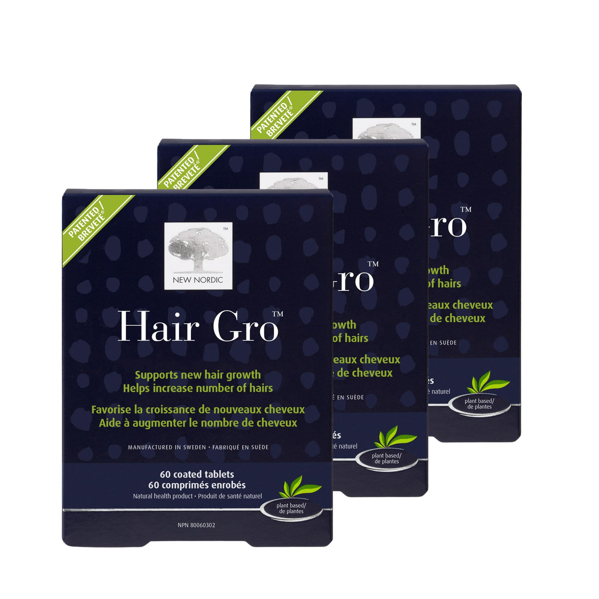 NEW NORDIC Hair GRO, Hair Growth Supplement, Biotin & Palm Fruit Extract Tocotrienols for Natural Regrowth, 60 Count (Pack of 3)
