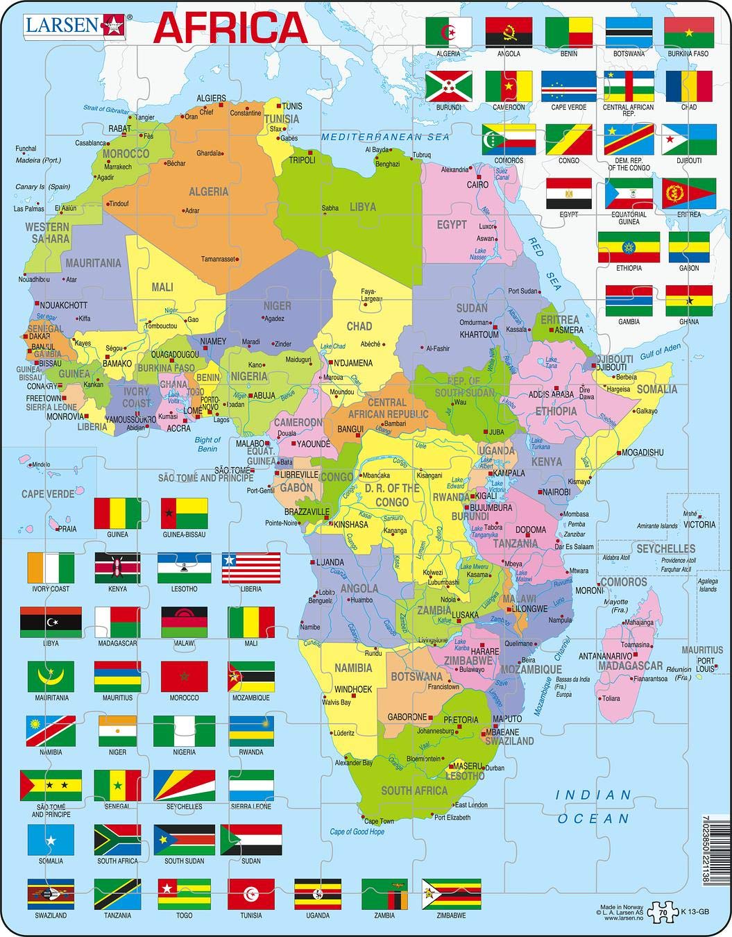 Larsen K13 Africa Political Map, English Edition, 70 Piece Boxless Tray & Frame Jigsaw Puzzle