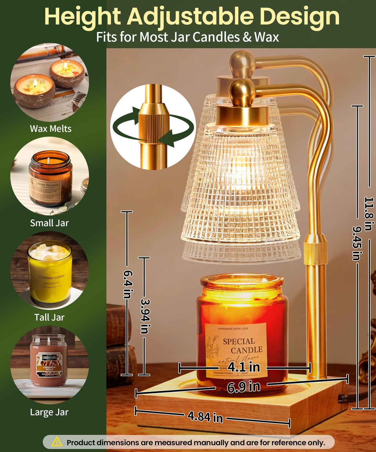 Height Adjustable Candle Warmer Lamp with Timer, 3 Dimmable Wax Melt Warmer, Birthday Gifts for Women Mom, House Warming Gifts New Home Decor, Candle Warmer for Jar Candles with 2 Bulbs, Gold-Clear