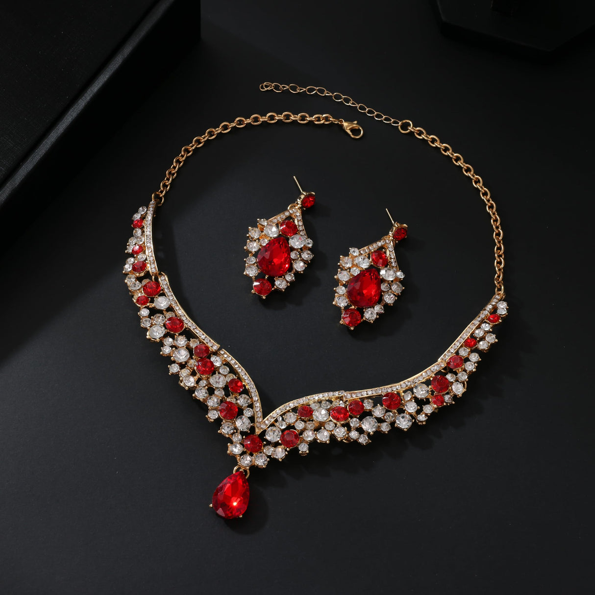 Geurlev Tiaras and Crowns for Women,Tiaras Earrings Necklace, Crystal Bridal Jewelry Set (Gold Red)