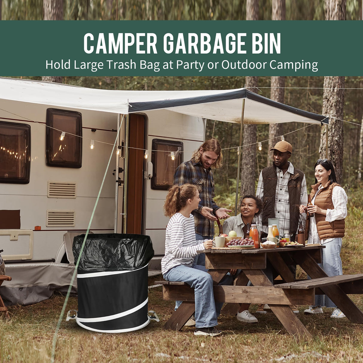 Rachmi 40 Gallon Collapsible Trash Can 2-Pack, Heavy Duty 600D Oxford Reusable Pop-Up Yard Waste Bag for Lawn & Garden Cleanup, Water-Resistant Outdoor Leaf Bin with Spring Frame, 22"x26.4", Black