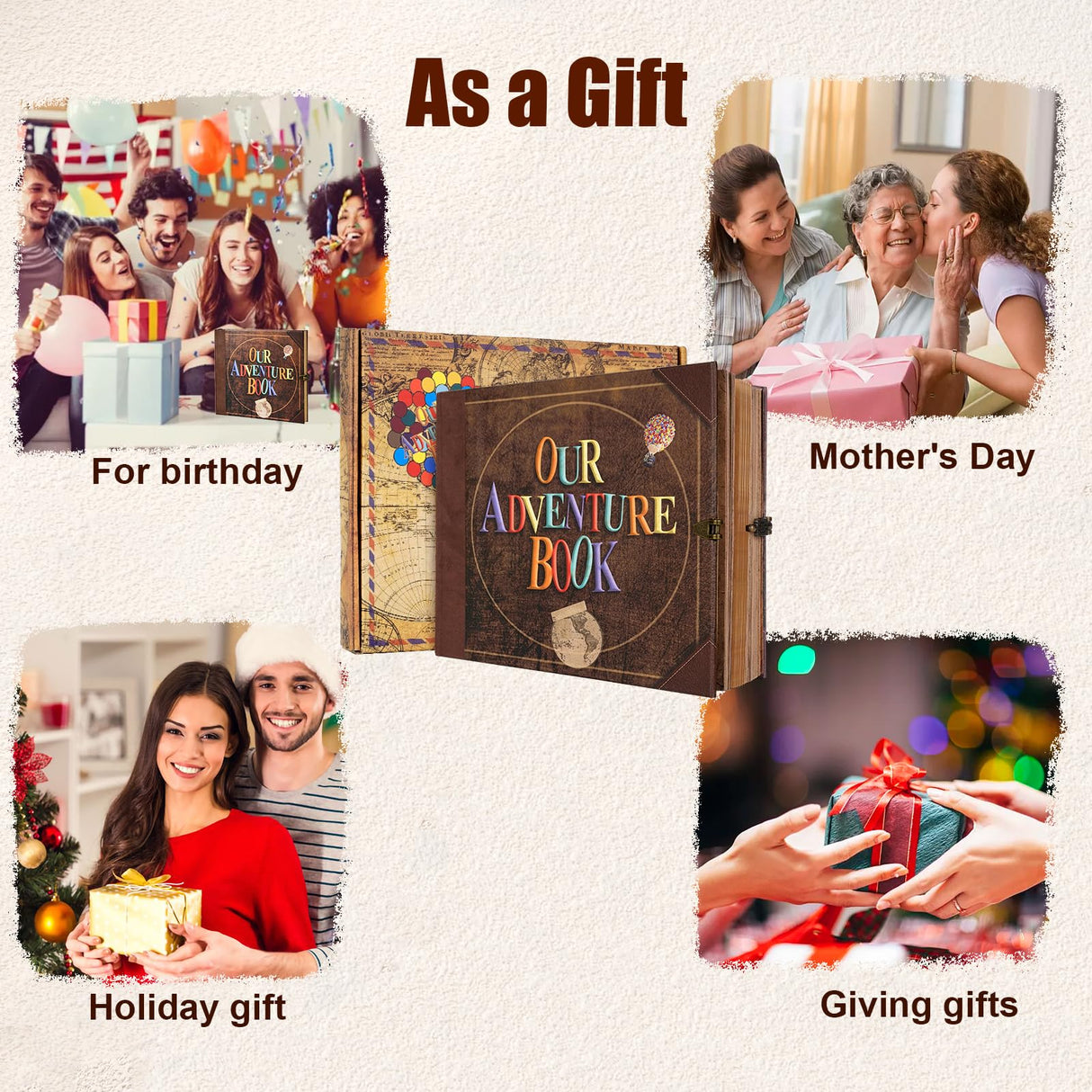 Adventure Book Scrapbook Photo Album,Retro Style Embossed Letter Cover Travel Diary Journal Scrap Book Kit For Couples,Memory Book For Anniversary Wedding,Christmas