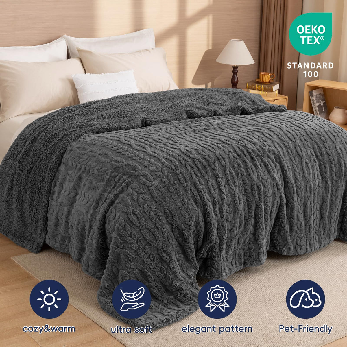 PHF Fluffy Sherpa Blanket Queen Size for Winter, Warm and Soft, 510GSM 3D Jacquard Thick Shaggy Fleece Plush Blanket for Sofa Bed, Dark Grey, 90"x90"