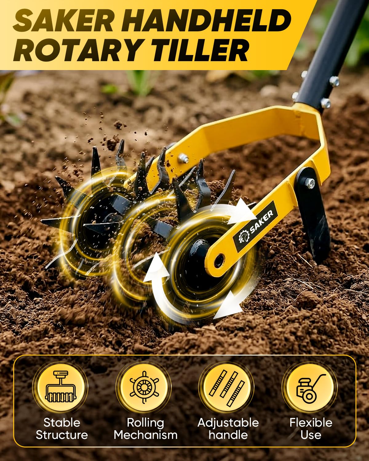 SAKER Rotary Cultivator Hand Tiller Tool – 2-in-1 Manual Garden Tiller & Weeder with Adjustable 72.4in Long Handle, 3-Blade Steel Rotary, Heavy Duty Soil Cultivator for Raised Beds, Yard & Garden