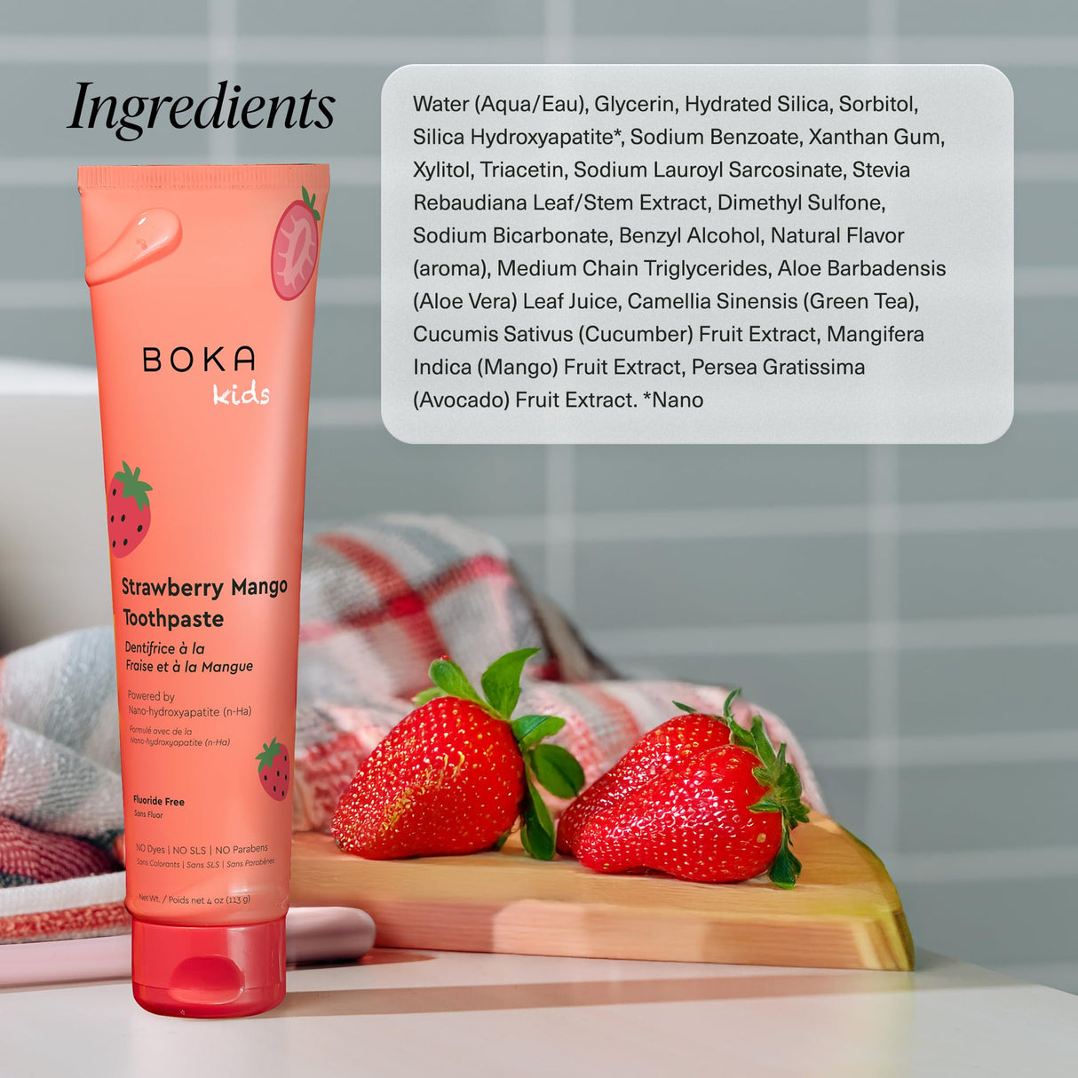 Boka Fluoride Free Toothpaste Nano Hydroxyapatite Toothpaste - Strawberry Mango Flavor, 4 oz 3Pk US Manufactured