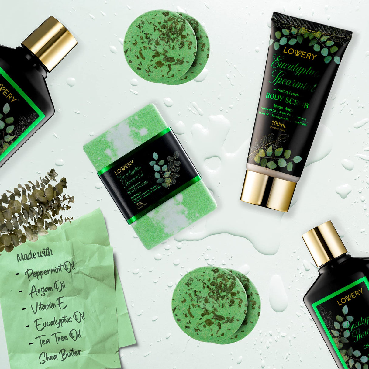 Mothers Day Gifts, Eucalyptus Spearmint Bath Set, Home Spa Set with Natural Mint Fragrance, 17 Pcs Gift Basket, Eucalyptus Bath Oil, Shower Gel, Bubble Bath, Bath Crystal, Steamer Tablet & More