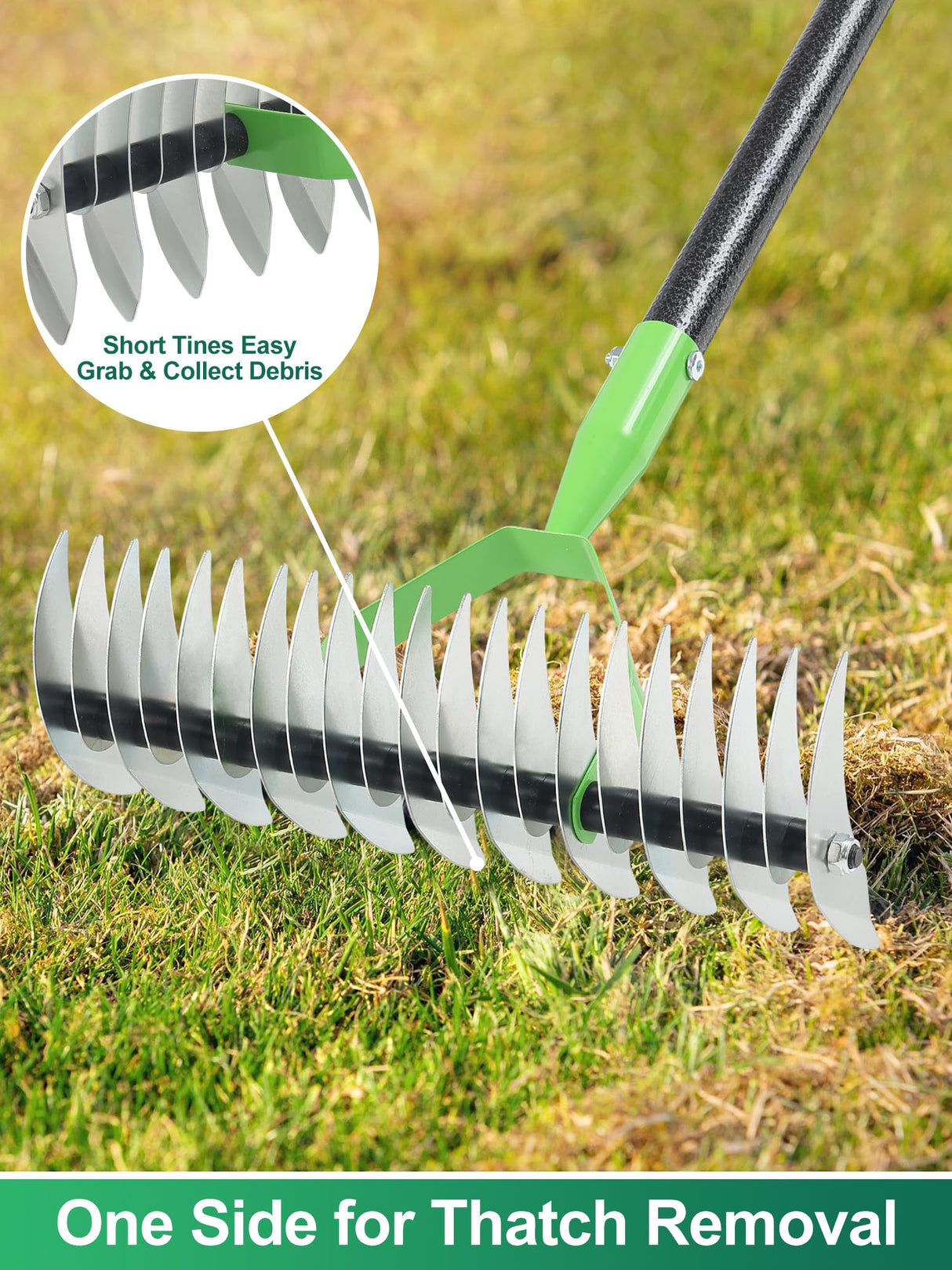 Thatch Rake for Lawns, Heavy Duty Garden Dethatcher Rakes with 46" Adjustable Long Handle, Double-Sided Sharp Tines for Dead Grass Moss Removal, Manual Metal Soil Loosening Thatching Tools for Yard