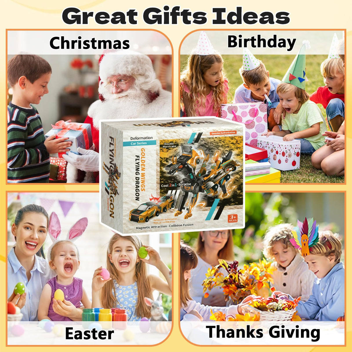 Intoypad Collision Transforming Dinosaur Car Toy, 2 Magnetic Cars Transform into Dinosaur Toys for Kids Toddler Fun Deformation Robot Dino Car Christmas Birthday Gift Toys for Boys Girl(Golden Dragon)