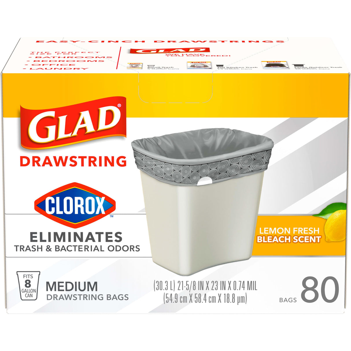 Glad Medium Drawstring Trash Bags with Clorox, 8 Gal, Lemon Fresh Bleach, 80 Ct (Package May Vary)
