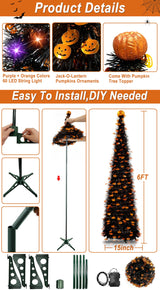 Timer - 6 Ft 60 LED Tinsel Halloween Tree Decor with Orange & Purple Lights 8 Modes Black Christmas Tree Pumpkin Battery Operated Pop Up Artificial Tree Indoor Outdoor Decorations