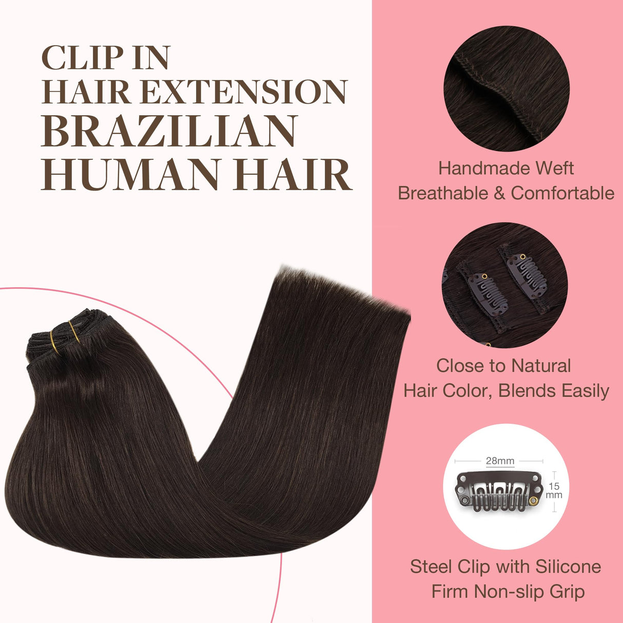 GOO GOO Clip in Hair Extensions Real Human Hair, Remy Human Hair Extensions Clip ins for Women, Natural Human Hair, 18inch 120g 7Pcs, 2A Light Brown