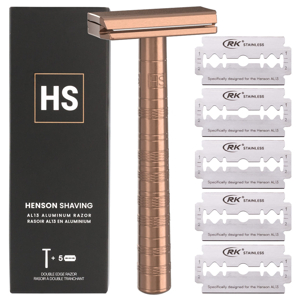 Henson Shaving Razor - Copper Double Edge Safety Razor with 5 Spare Blades - 30° Angled Precision With Superior Blade Rigidity- Reusable Single Blade Razors For Men and Women - Mild Aggression