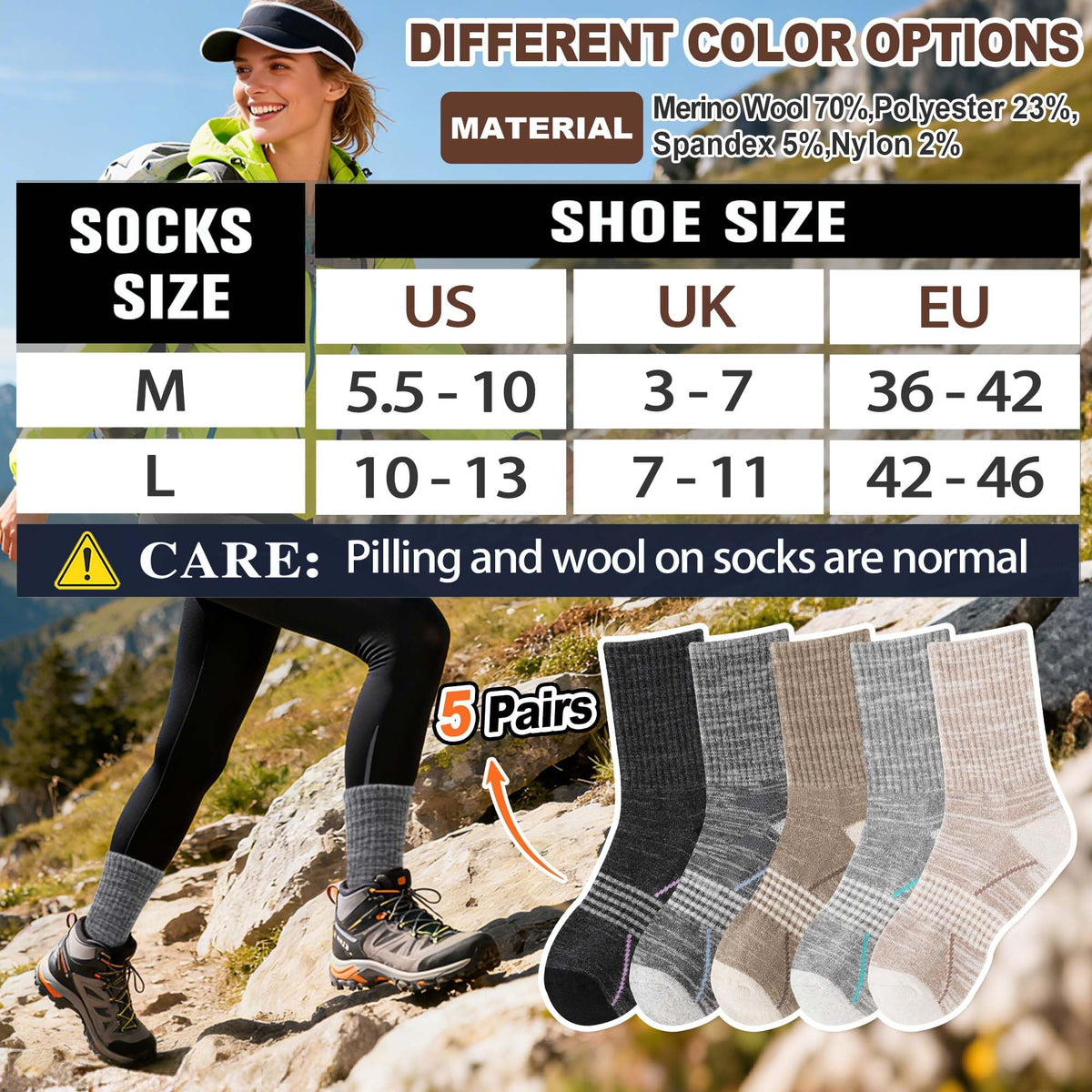 Sandsuced Merino Wool Hiking Socks Thermal Warm Winter Cozy Outdoor Crew Socks 5 Pairs Gift Stocking Stuffers for Women Men(Black/Khaki/Gray,M)