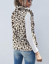 LOMON Women's Leopard Sleeveless Zipper Sherpa Fleece Vest Christmas Jacket Coat with Pockets Apricot Leopard L