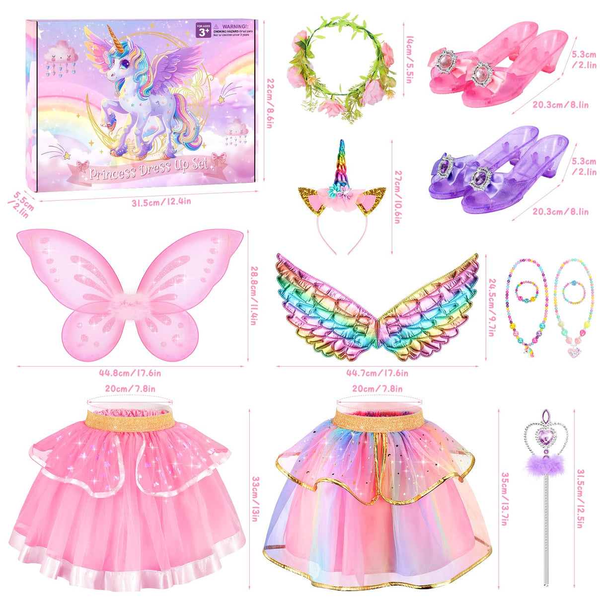Princess Dress Up Fairy & Unicorn Costume for Girls 4-6, Toddler Dress with Tutu, Wings, Shoes, Jewelry, Headband Fairy Unicorn Toys for Girls Christmas Halloween Birthday Gift Toys