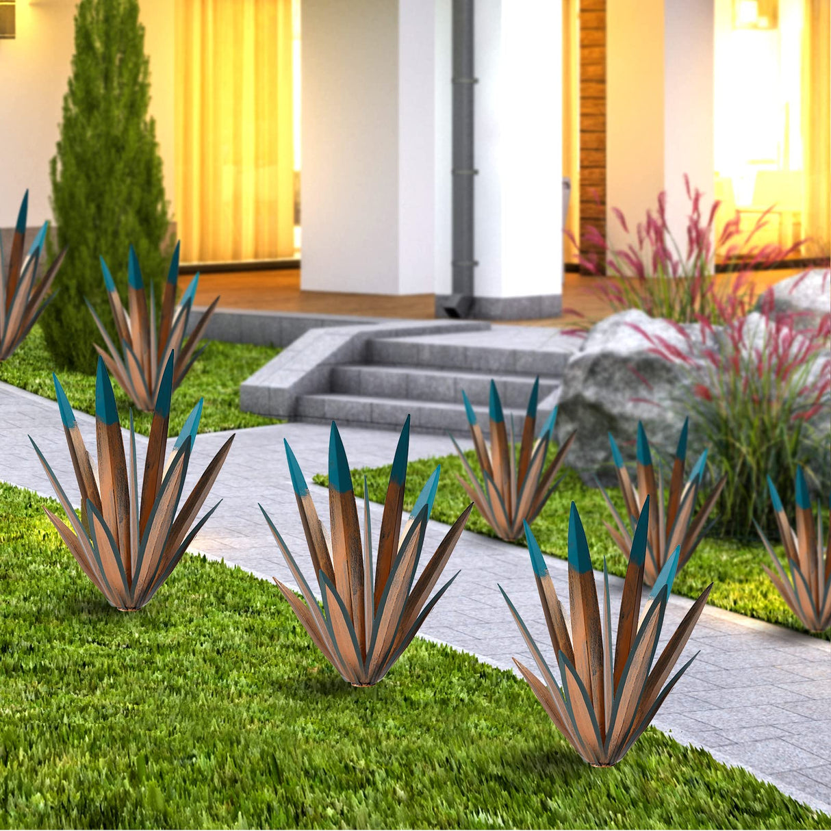 Tequila Rustic Sculpture, 2Pack DIY Rustic Hand Painted Metal Agave, Metal Agave Plant Home Decor, Garden Yard Sculpture Lawn Home Art Decoration Statue, Garden Ornaments Outdoor Decor (Small)