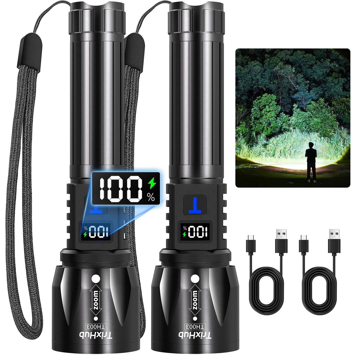 TrixHub Rechargeable Flashlights 99000High Lumens 2Pack, 5Mode Flash Light with LCD Digital Display, Super Bright Adjustable Tactical Flashlight, High Powered LED Handheld Flashlight for Home
