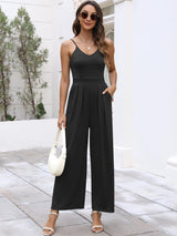 ANRABESS Women V Neck Spaghetti Strap Wide Leg Dressy Jumpsuits 2025 Summer Casual One Piece Jumper Romper Outfits & Pockets Black Medium