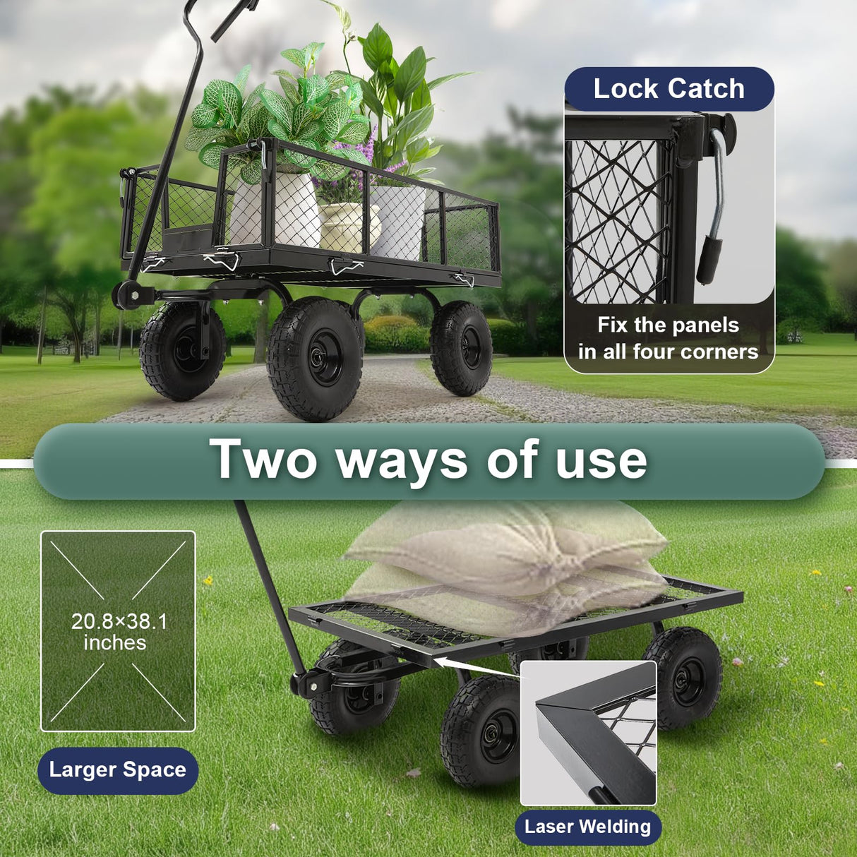 HEAHOLD Heavy Duty Garden Wagon Cart – 880 LBS Steel Utility Cart with All-Terrain 3.50-4" Solid Wheels, 10" Tires, 180° Rotating Handle, Removable Sides, Laser-Welded Frame